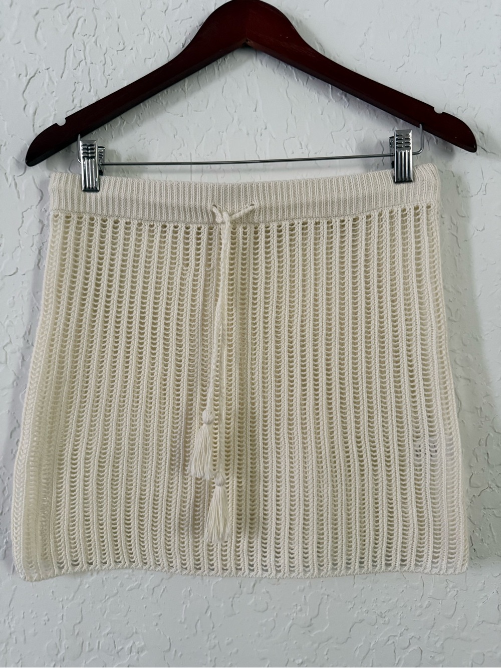 L*space Cream Knit Crochet Mini Skirt with Tassel Tie